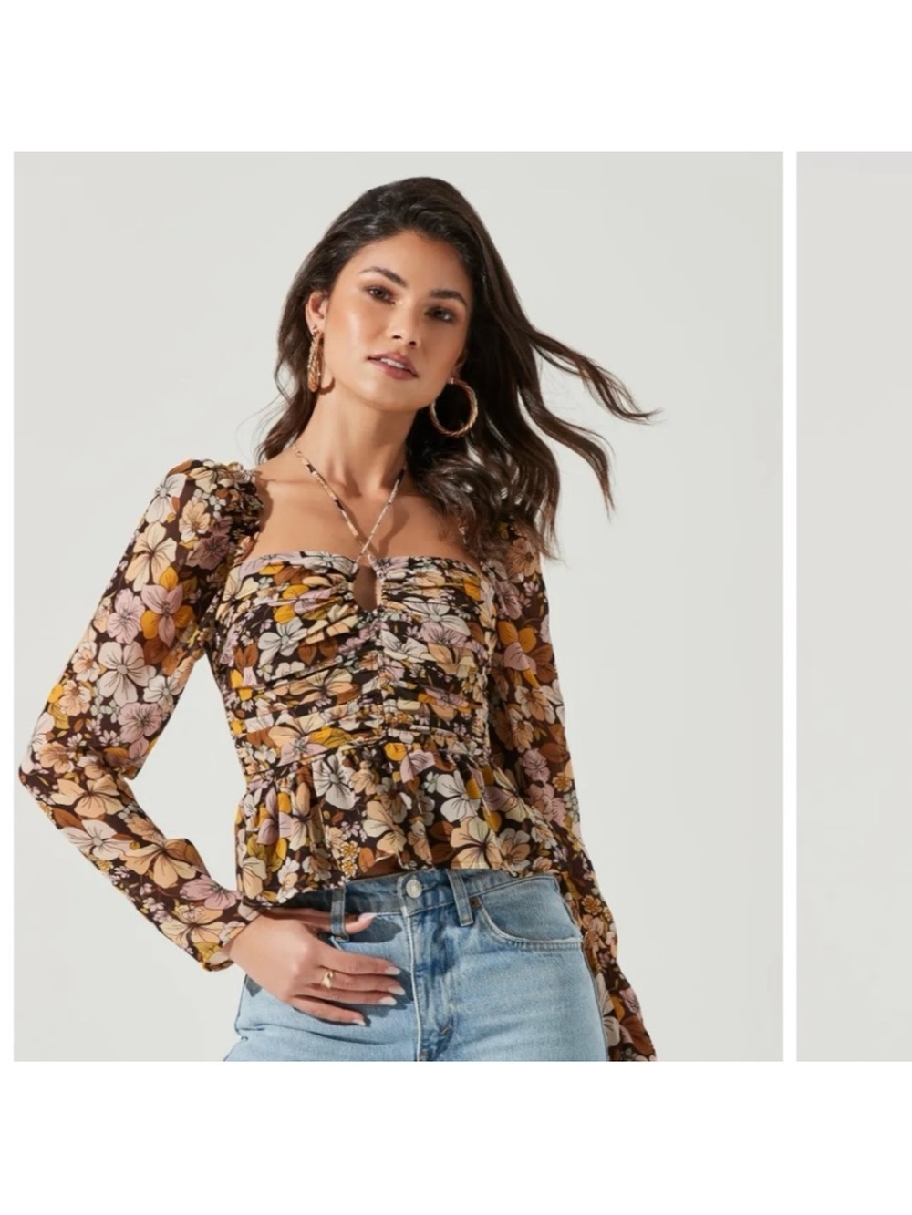 NEW ASTR toni ruched halter long sleeve peplum top brown yellow floral pleated M